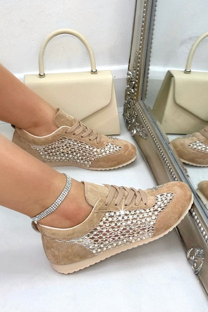 Crystal Contour Sparkly Panel Trainers Mocha, showcasing sporty lace-up trainer design for a secure and adjustable fit