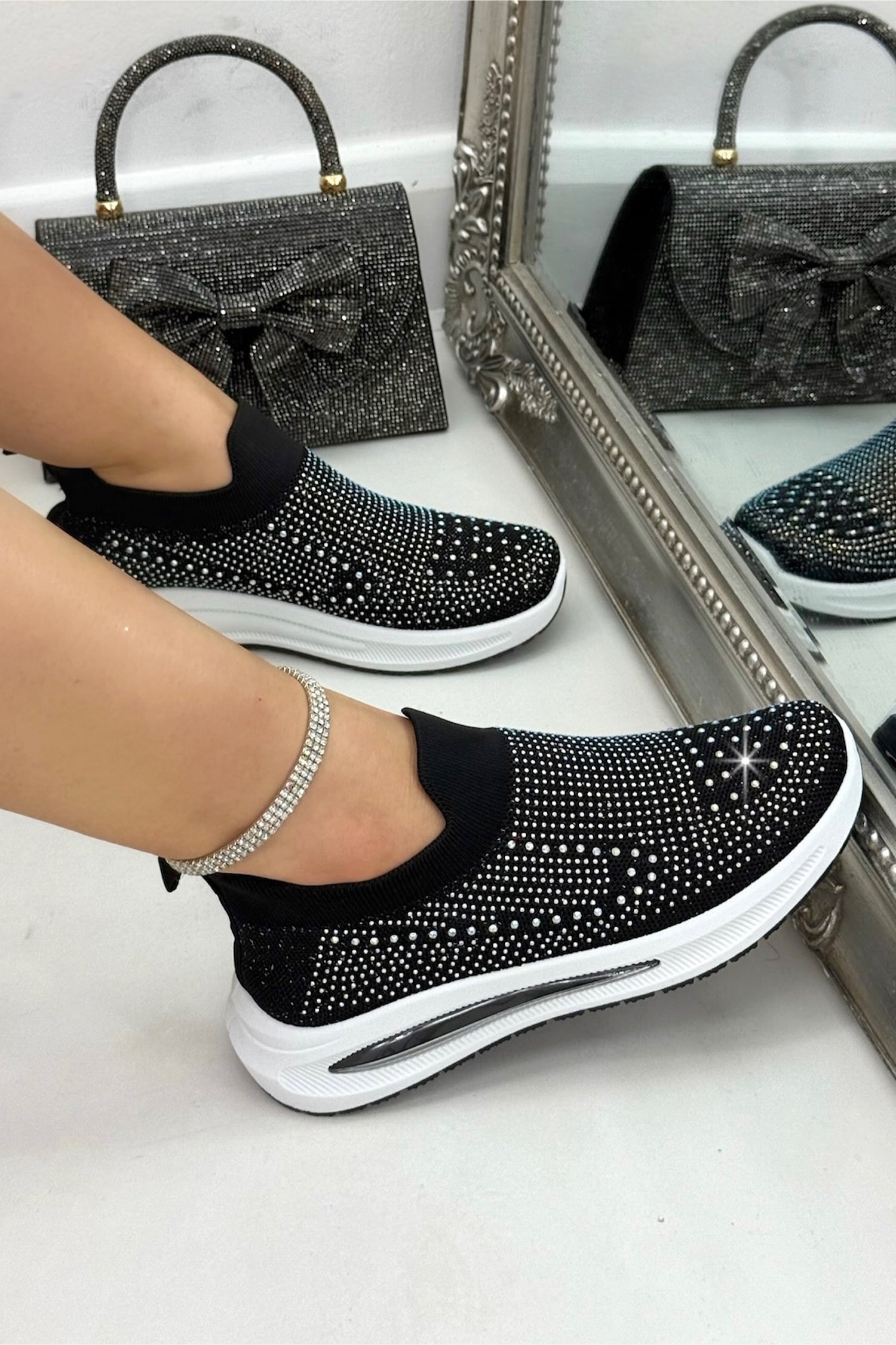 Crystal Comfort Aura Stretch Sock Slip On Trainers Black, shown from another angle