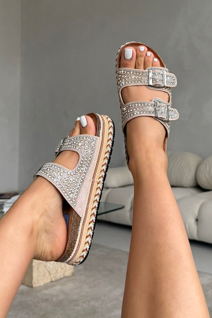 Crystal Riviera Double Buckle Sliders Gold featuring dual wide straps with all-over crystal embellishment
