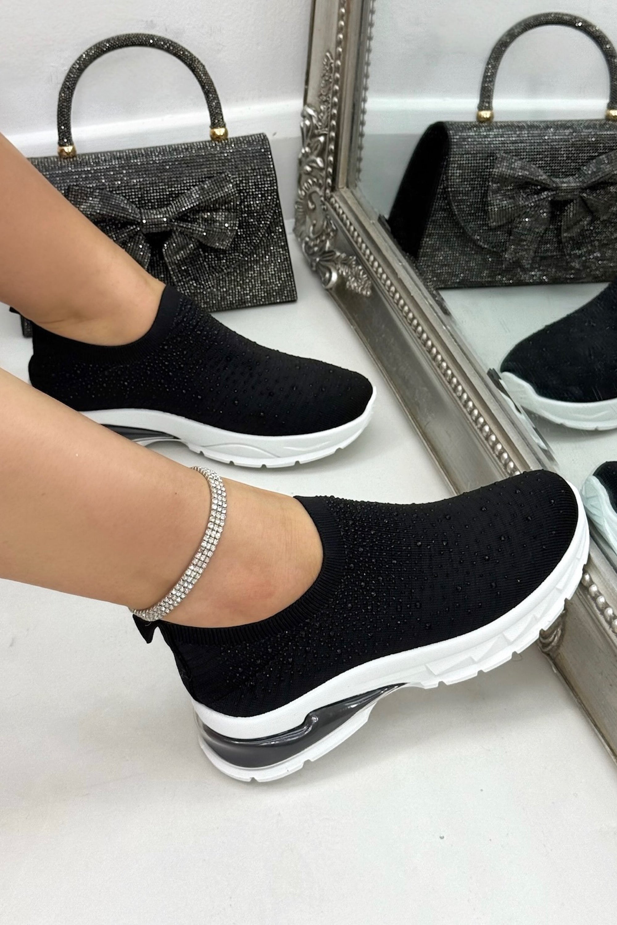 Crystal Luminate Stretch Sock Slip On Trainers Black and White, shown from another angle