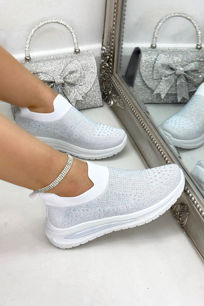 Crystal Comfort Aura Stretch Sock Slip On Trainers White, shown from another angle