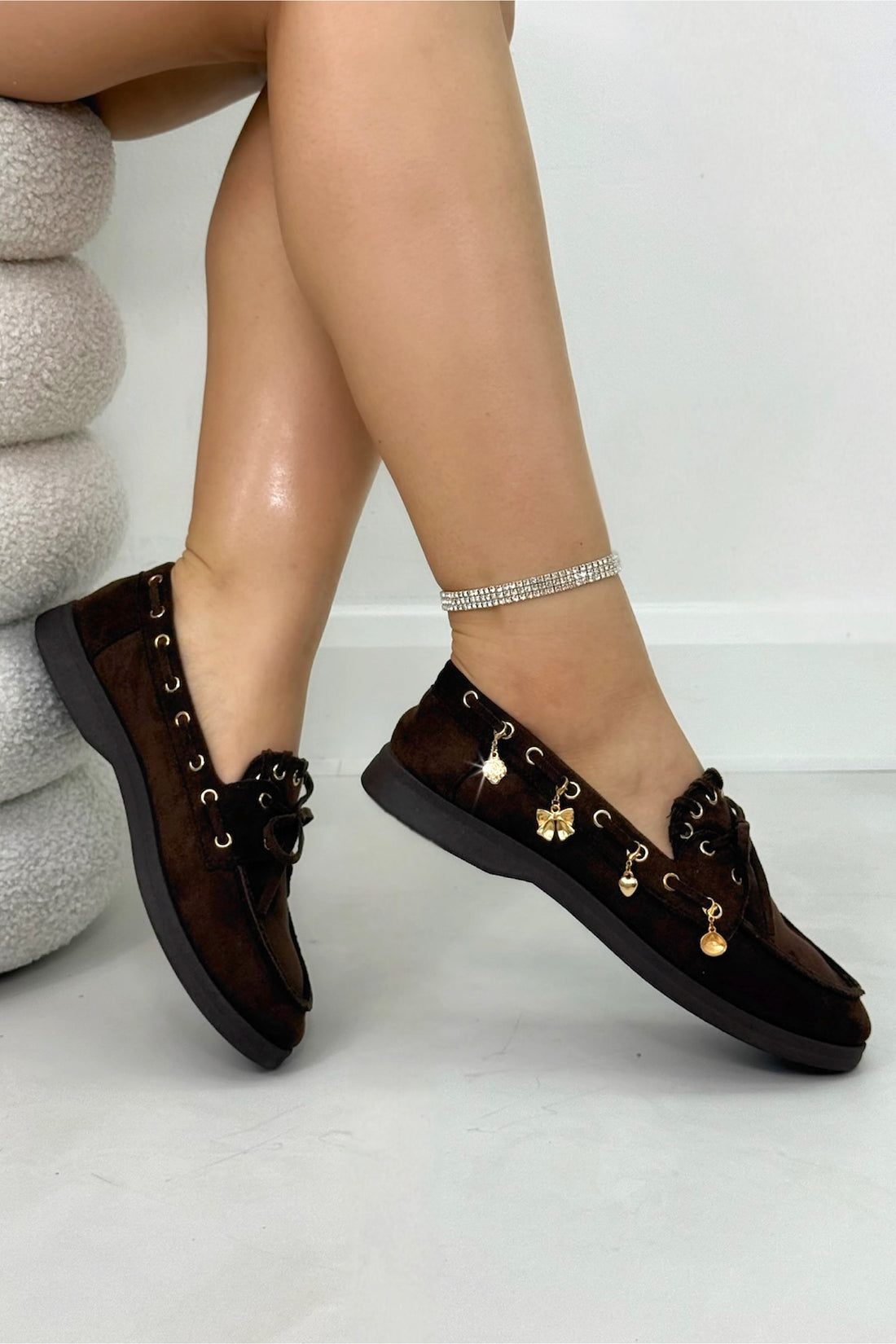 Velvet Charm Luxe Lace-Up Loafers Brown, shown from another angle