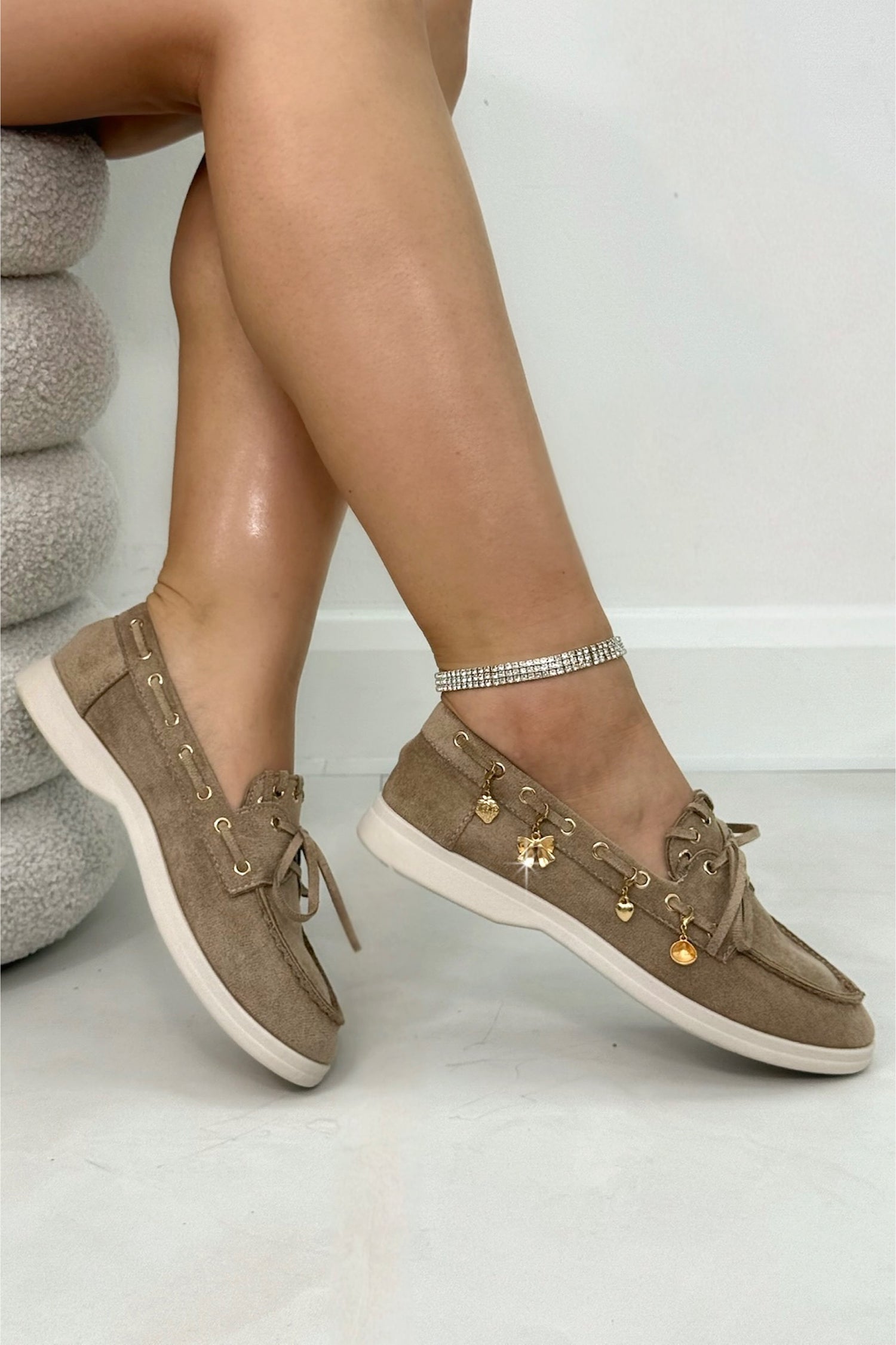 Velvet Charm Luxe Lace-Up Loafers Mocha, shown from another angle
