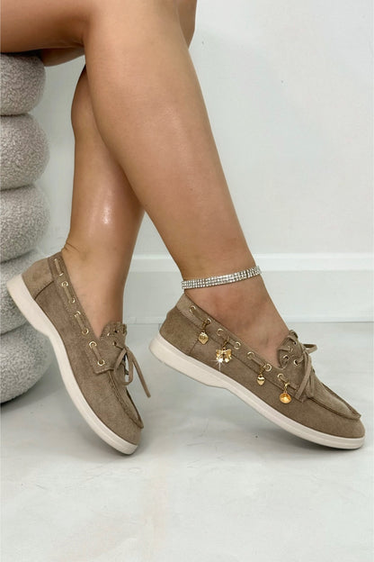 Velvet Charm Luxe Lace-Up Loafers Mocha, shown from another angle