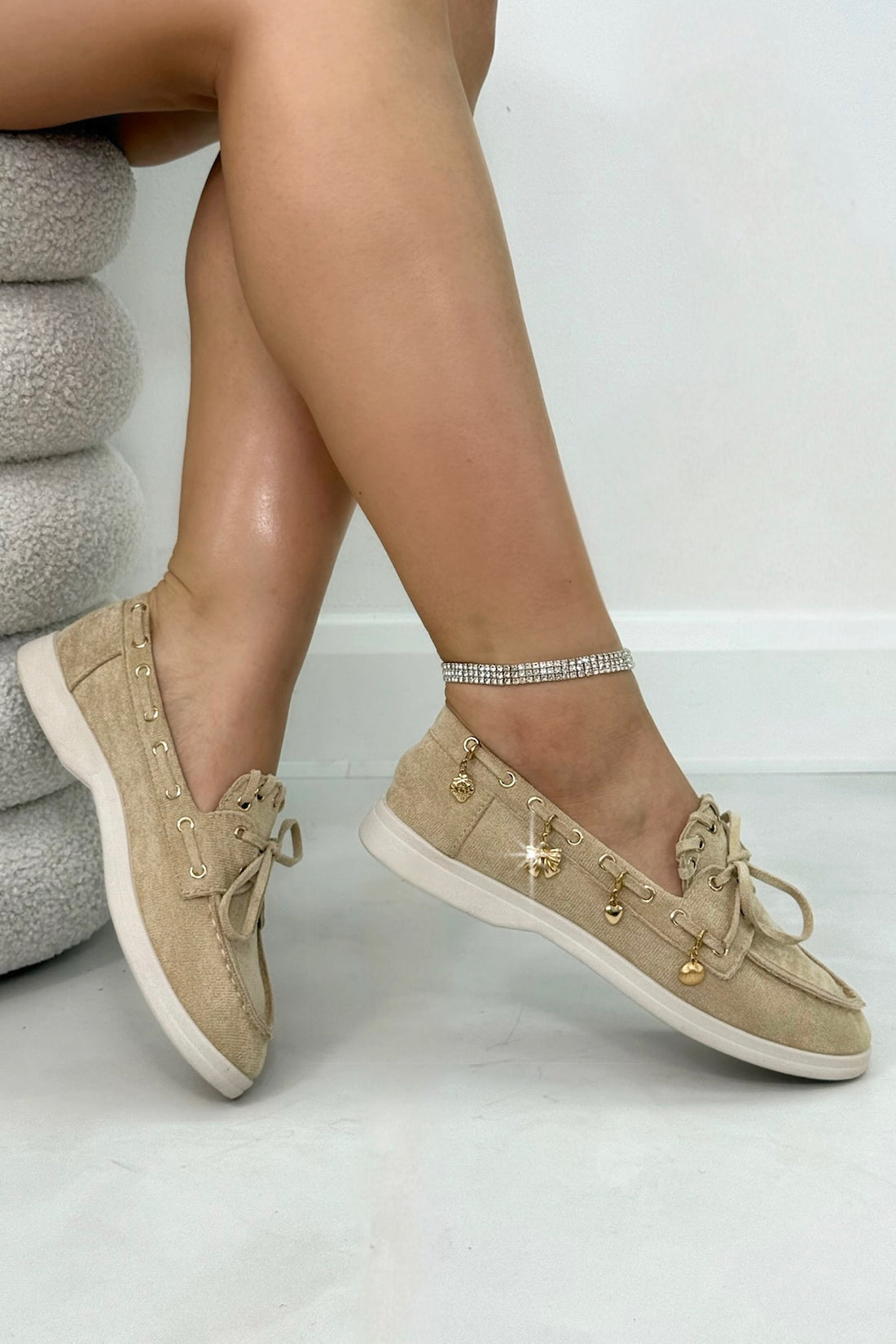 Velvet Charm Luxe Lace-Up Loafers Nude, shown from another angle