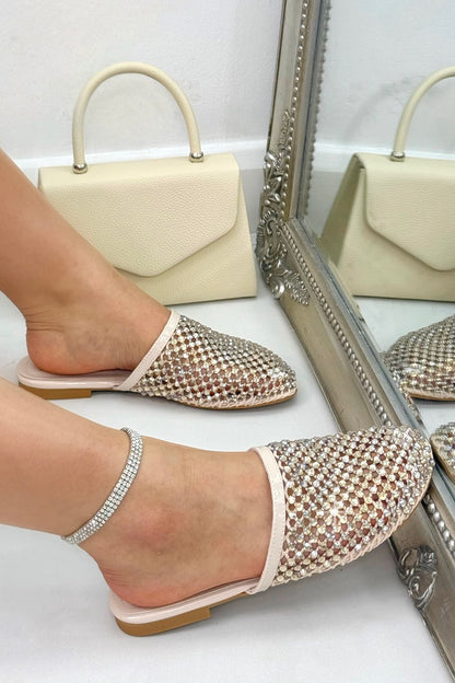 Sparkly Prism Glow Mule Sliders Nude with crystal embellished mesh upper for a radiant prism-like sparkle