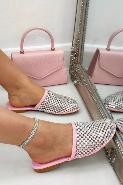 Sparkly Prism Glow Mule Sliders Pink finished with crystal embellished mesh upper for a radiant prism-like sparkle