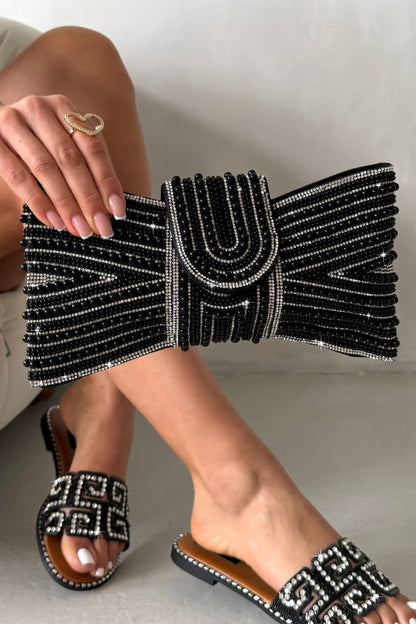 Sparkly Pearl Bow Clutch Bag Black, with emphasis on detachable silver chain strap