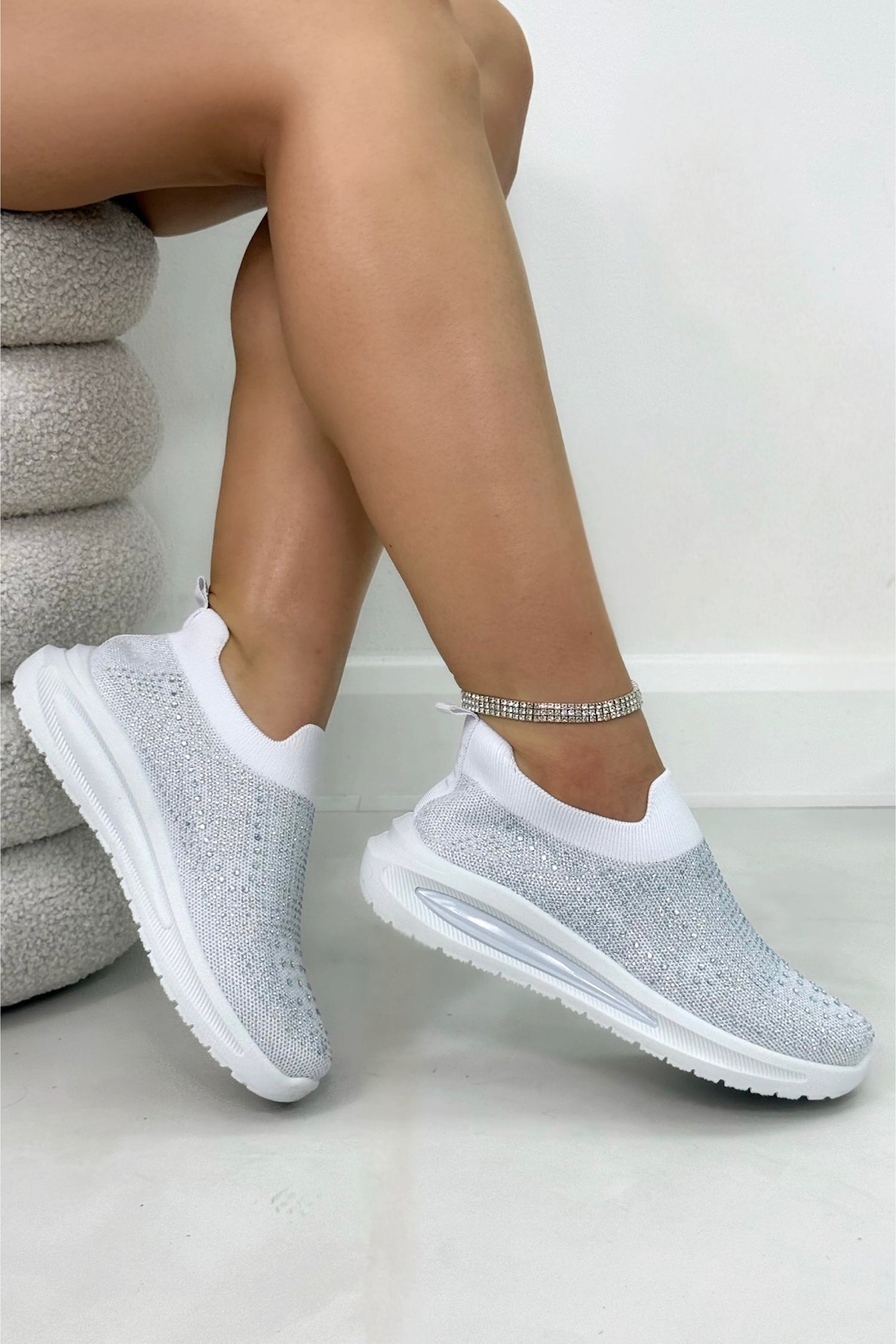 Crystal Comfort Aura Stretch Sock Slip On Trainers White