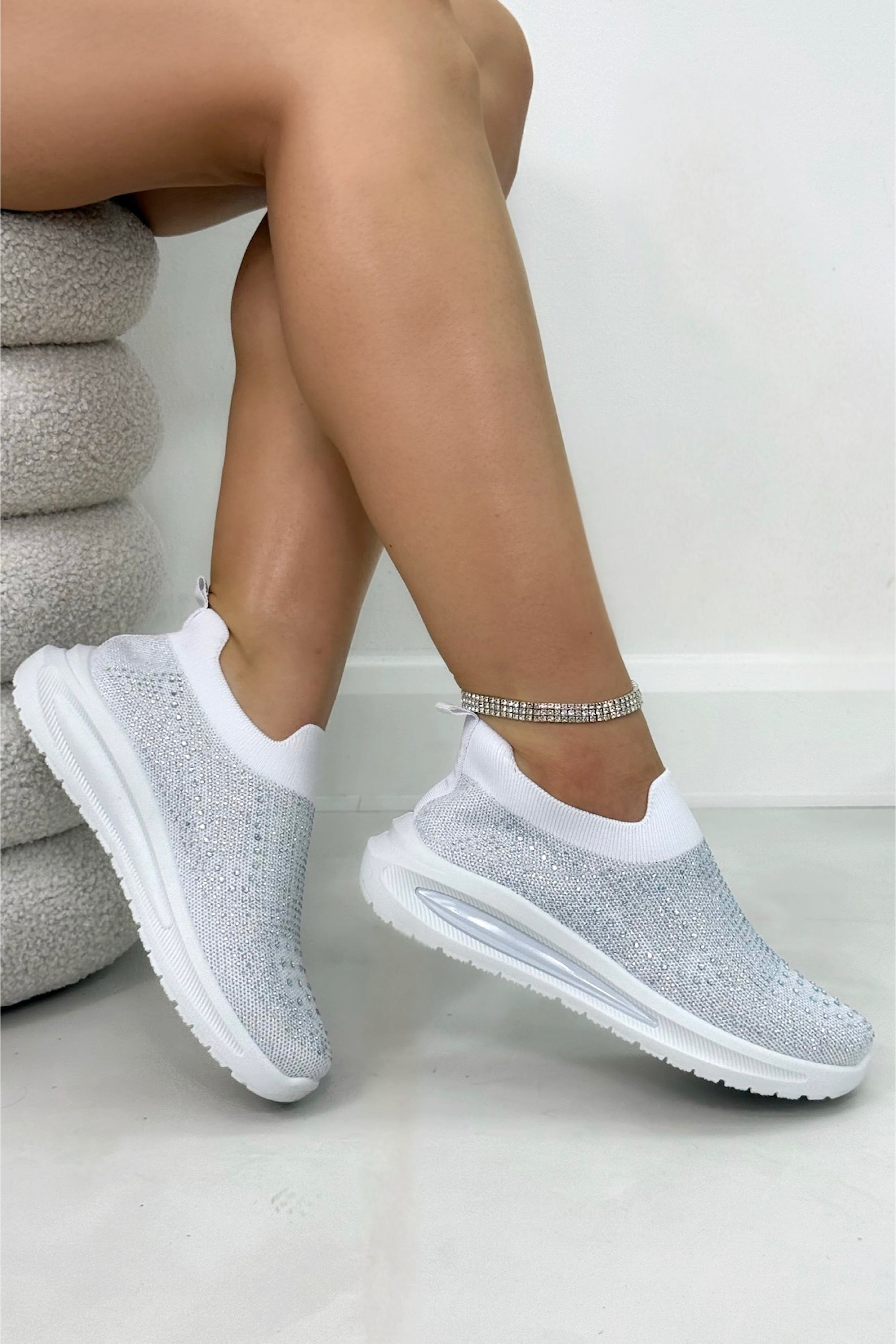 Crystal Comfort Aura Stretch Sock Slip On Trainers White