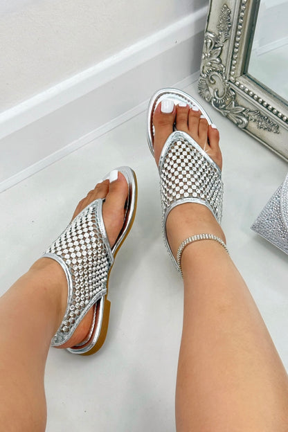 Crystal Mesh Studded Slingback Sandals Silver, highlighting slingback strap for a secure and comfortable fit
