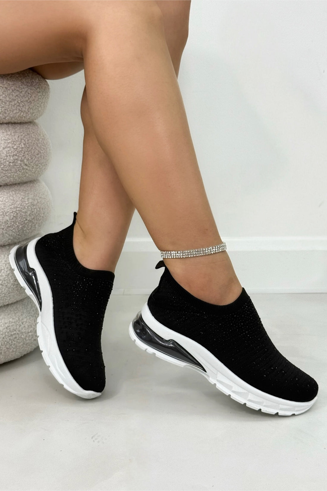 Crystal Luminate Stretch Sock Slip On Trainers Black and White