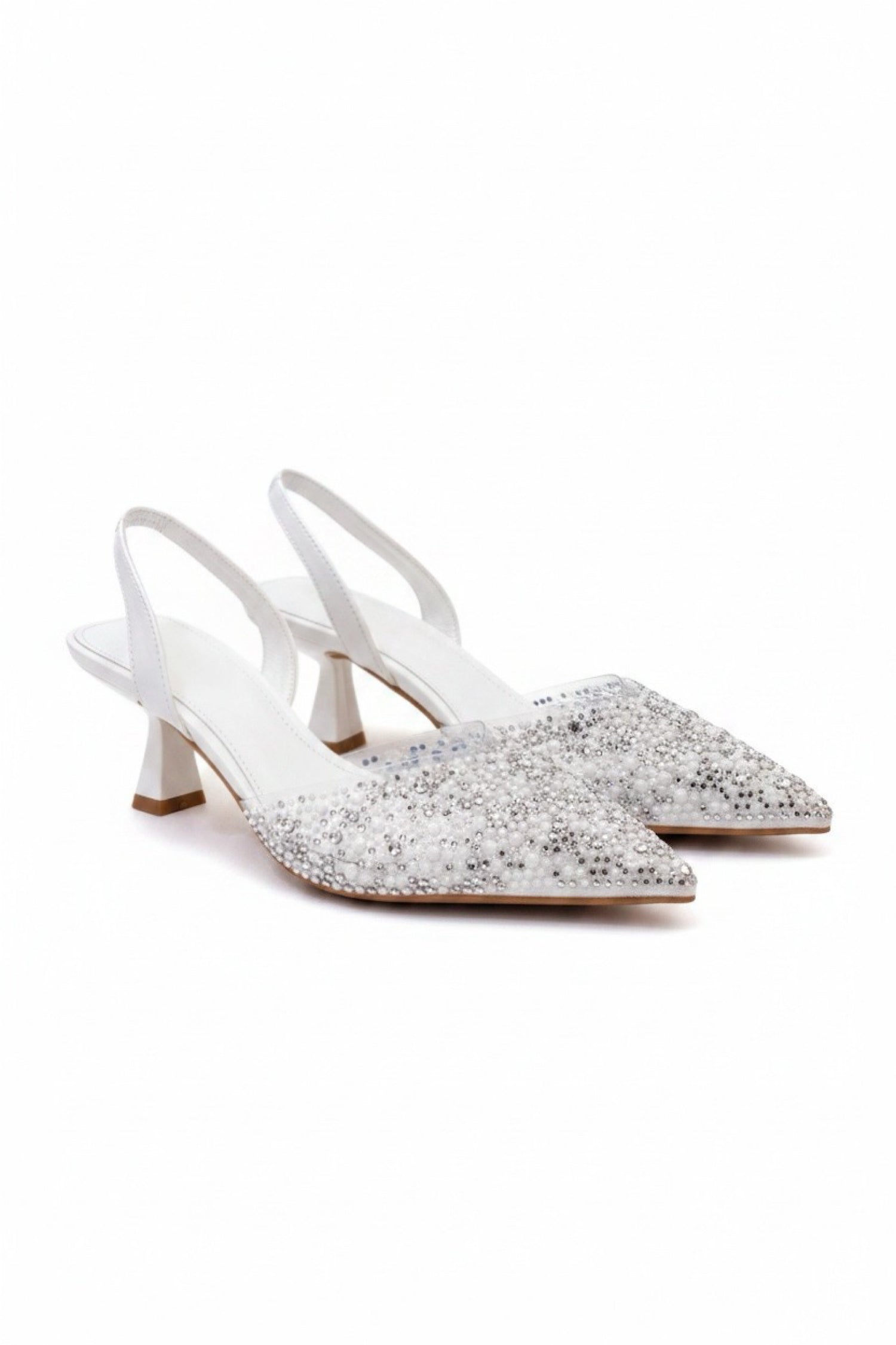 Crystal Pearl Evening Slingback Kitten Heels White