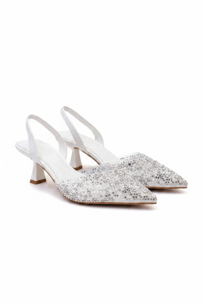 Crystal Pearl Evening Slingback Kitten Heels White