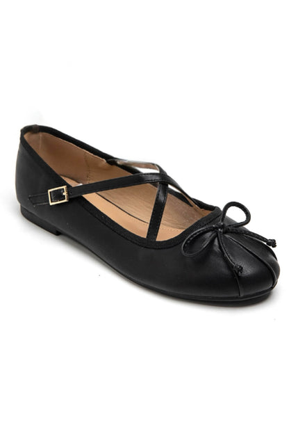 Chic Bow Crisscross Strap Ballet Flats Black