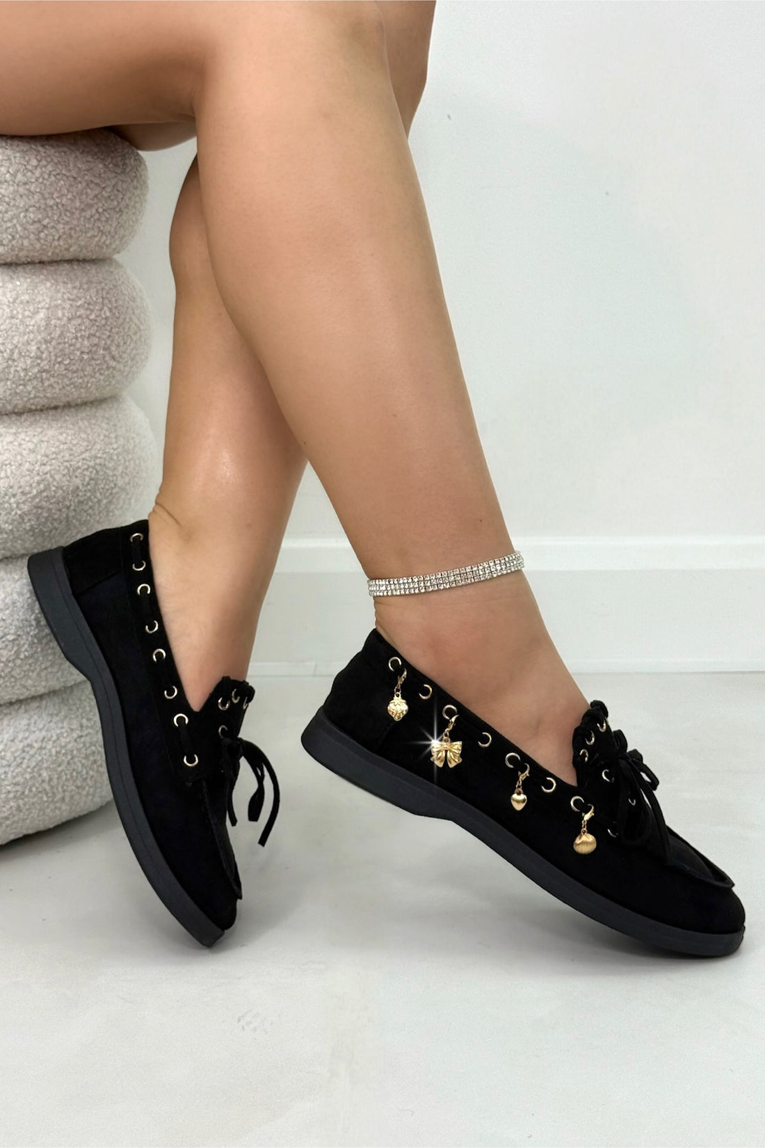 Velvet Charm Luxe Lace-Up Loafers Black, shown from another angle