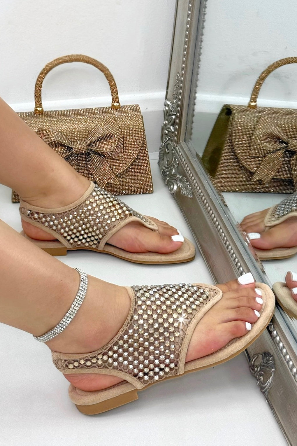 Crystal Mesh Studded Slingback Sandals Mocha with mesh upper with crystal-style stud embellishment for bold sparkle