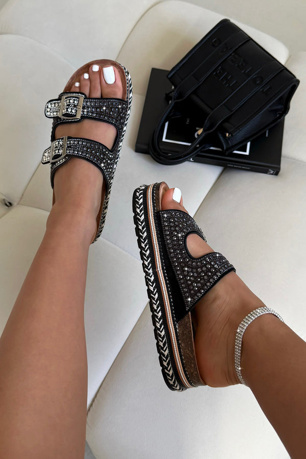 Crystal Riviera Double Buckle Sliders Black, bringing attention to statement buckle detailing
