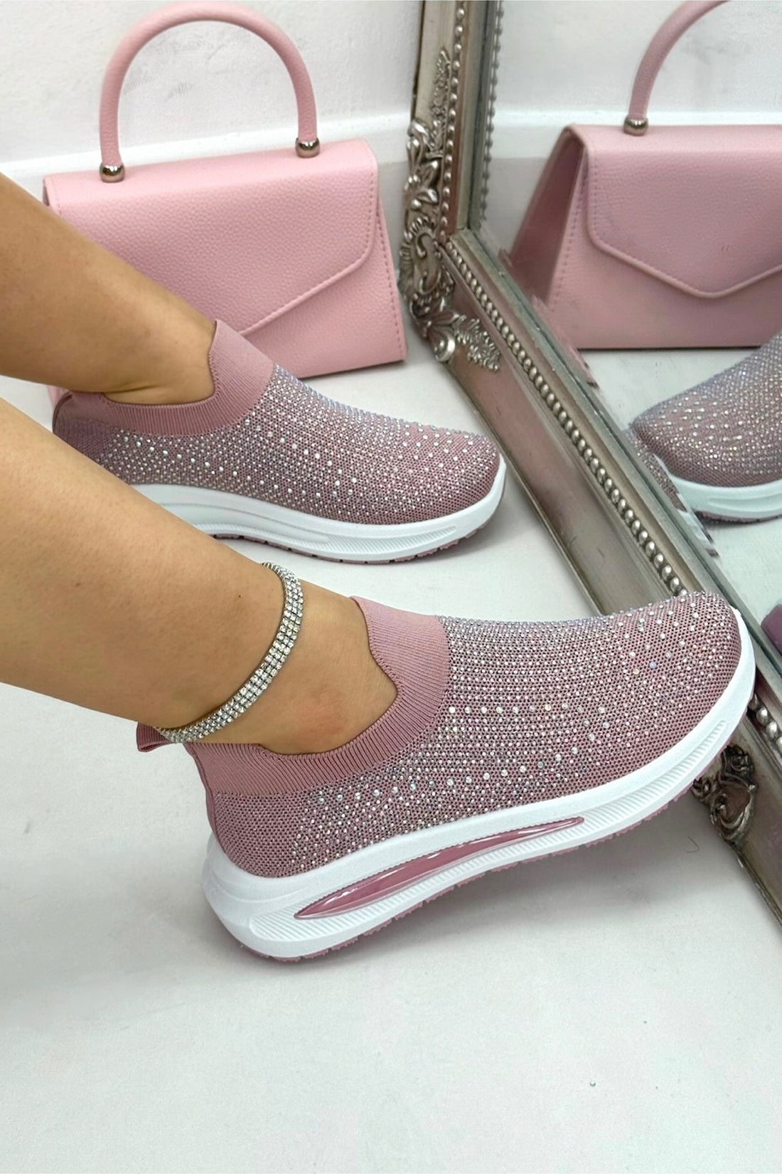 Crystal Comfort Aura Stretch Sock Slip On Trainers Pink, shown from another angle