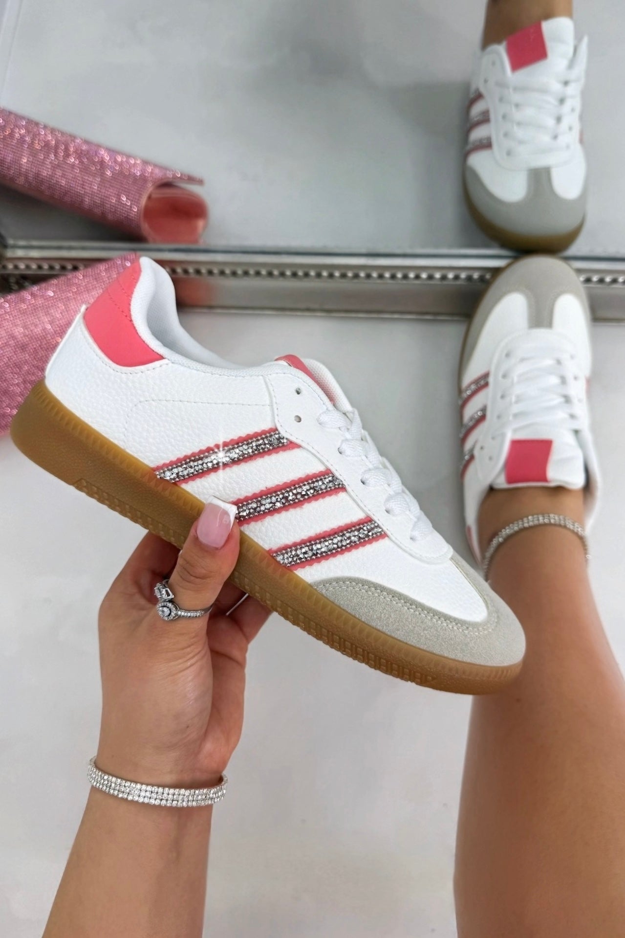 Crystal Stripe Simba Trainers Limited Edition White and Pink, highlighting crystal embellished stripe detailing for signature sparkle