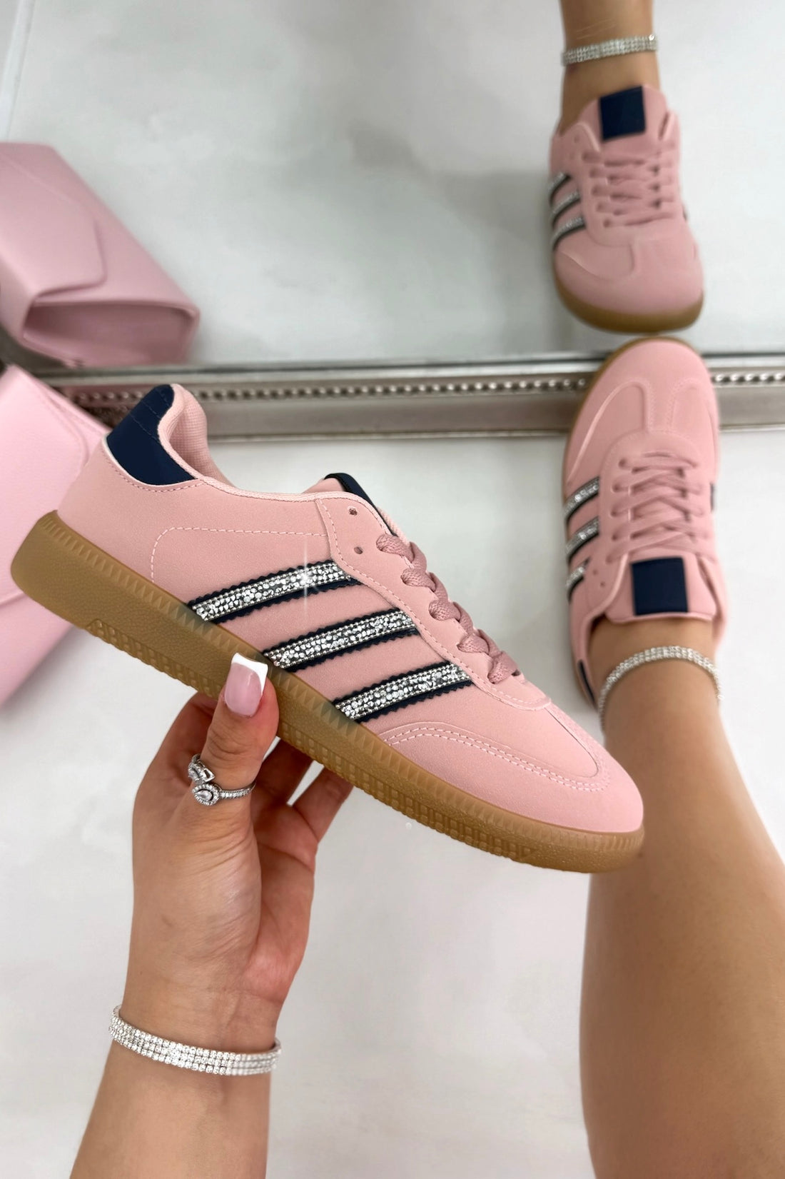 Crystal Stripe Simba Trainers Limited Edition Pink, highlighting crystal embellished stripe detailing for signature sparkle