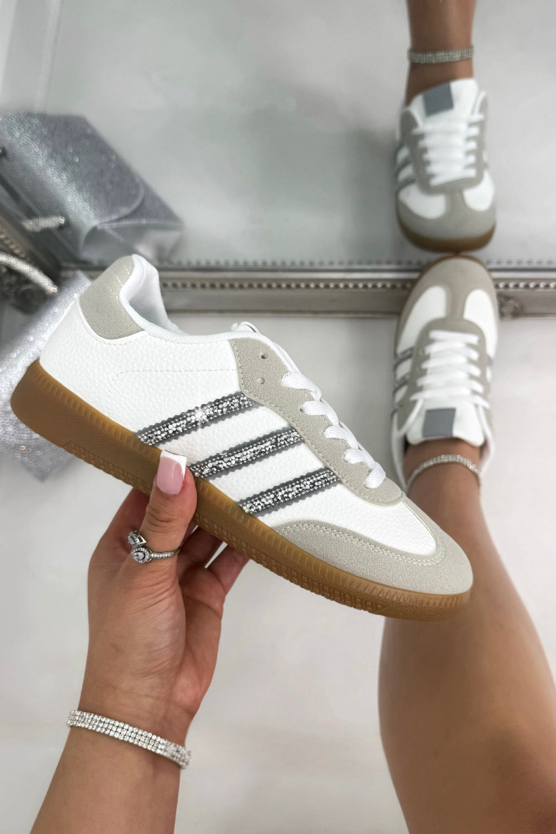 Crystal Stripe Simba Trainers Limited Edition Off White, bringing attention to crystal embellished stripe detailing for signature sparkle