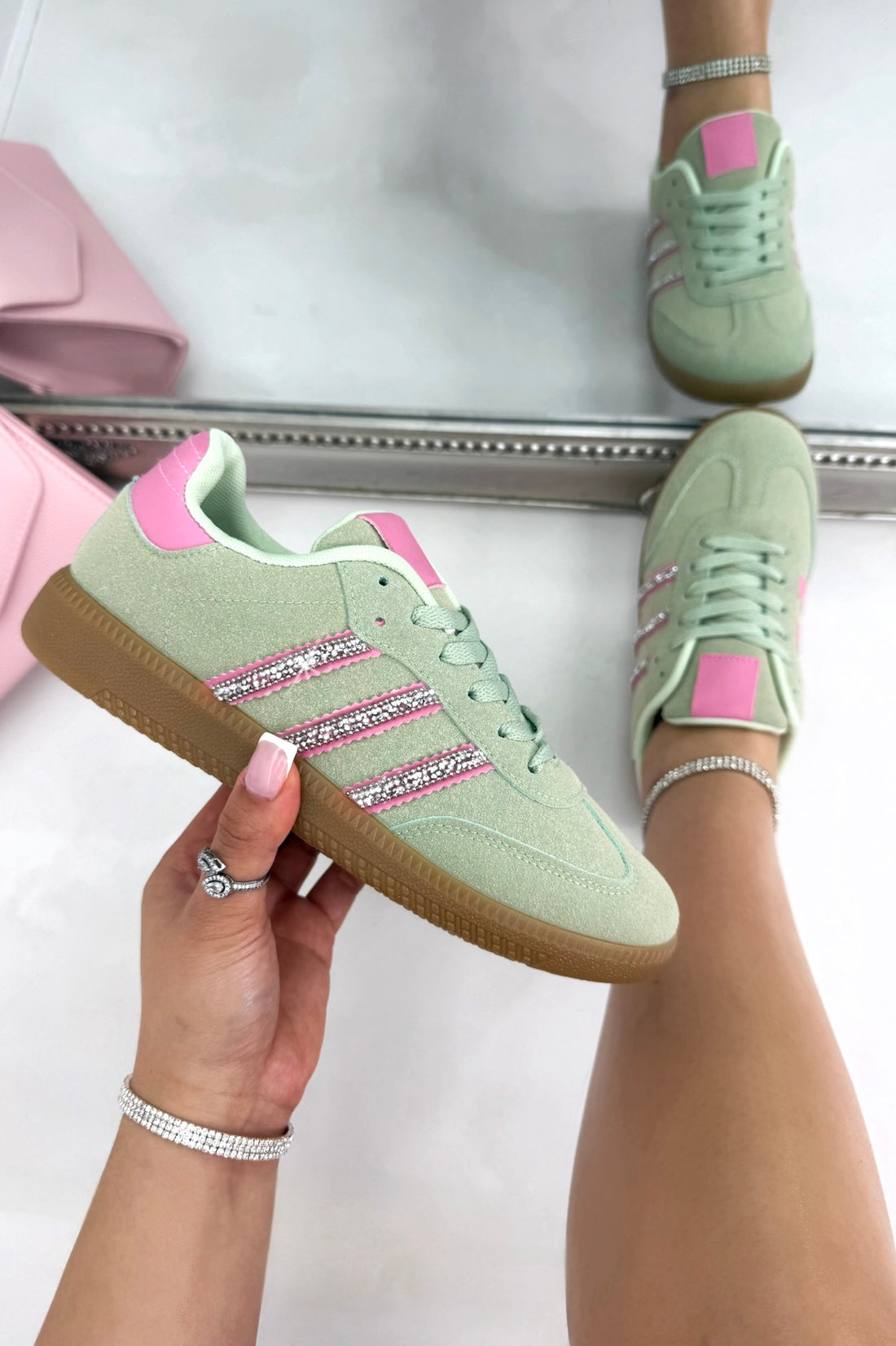 Crystal Stripe Simba Trainers Limited Edition Green, highlighting crystal embellished stripe detailing for signature sparkle