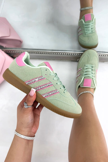 Crystal Stripe Simba Trainers Limited Edition Green, highlighting crystal embellished stripe detailing for signature sparkle