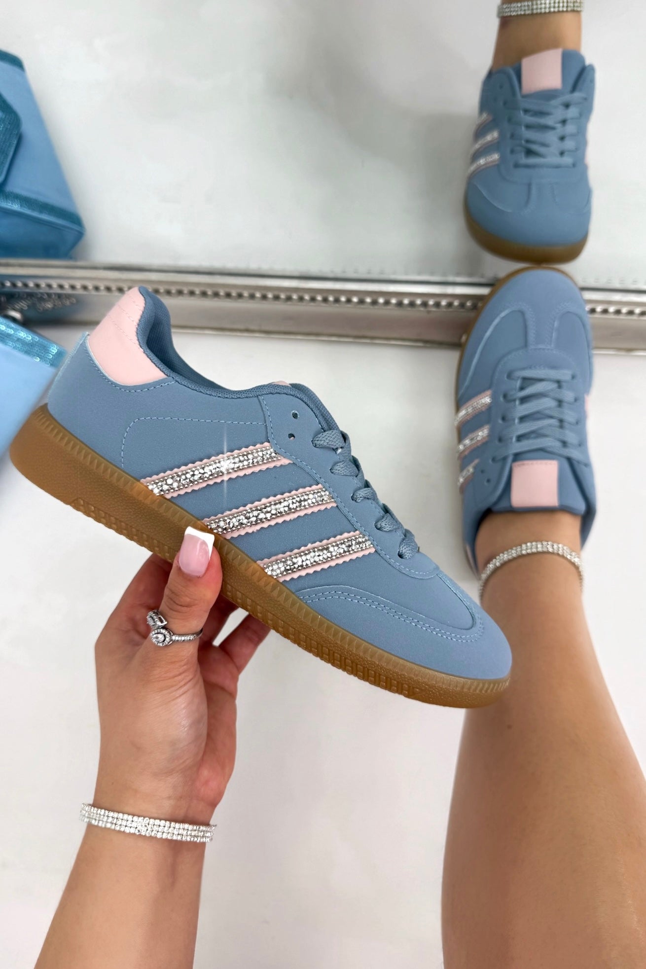 Crystal Stripe Simba Trainers Limited Edition Blue, with emphasis on crystal embellished stripe detailing for signature sparkle