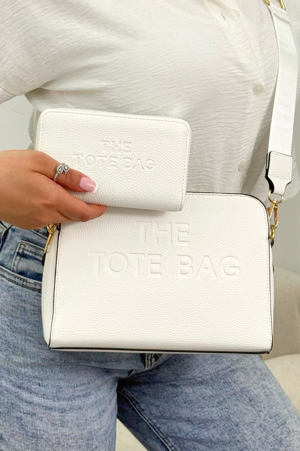 Faux Leather Triple Compartment Everyday Crossbody Tote Bag &amp; Faux Leather Everyday Wallet Tote Purse White Bundle featuring structured silhouette with modern embossed slogan detail