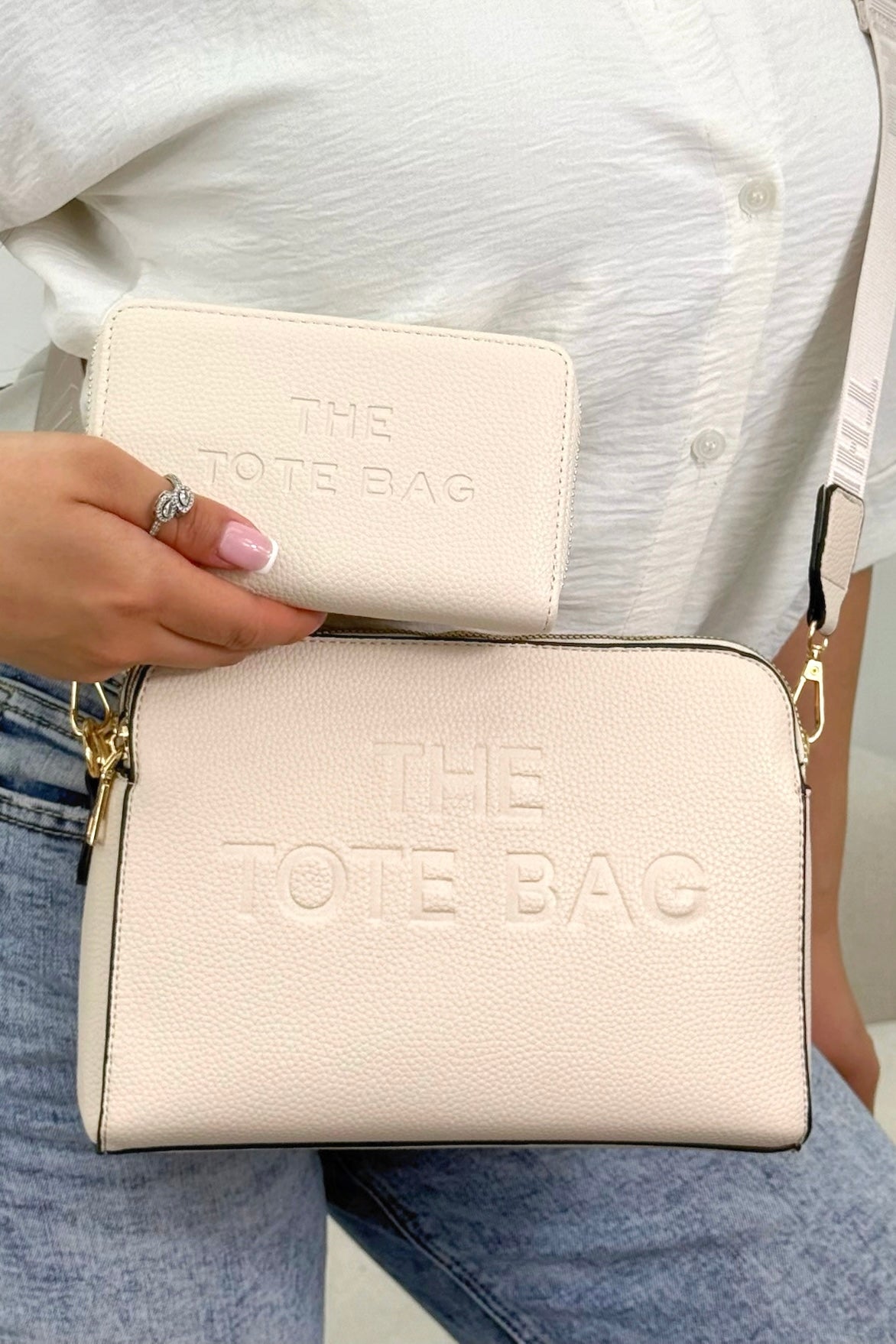Faux Leather Triple Compartment Everyday Crossbody Tote Bag &amp; Faux Leather Everyday Wallet Tote Purse Nude Bundle finished with structured silhouette with modern embossed slogan detail