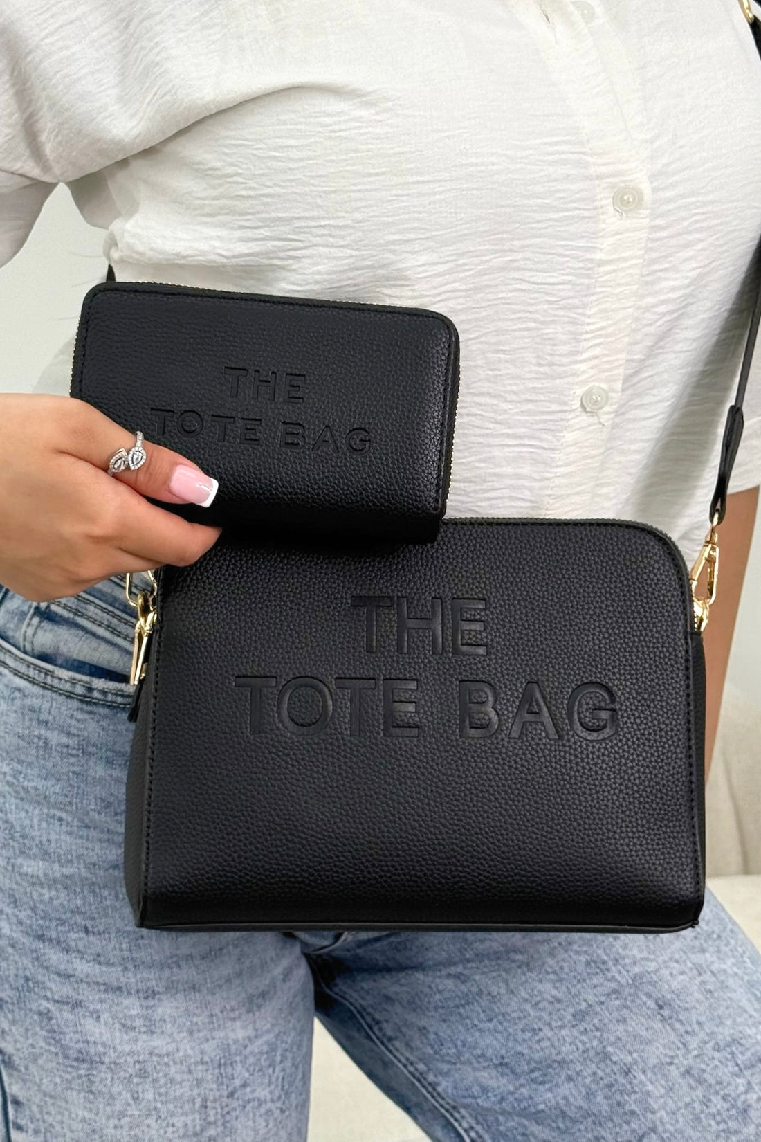 Faux Leather Triple Compartment Everyday Crossbody Tote Bag &amp; Faux Leather Everyday Wallet Tote Purse Black Bundle designed with structured silhouette with modern embossed slogan detail