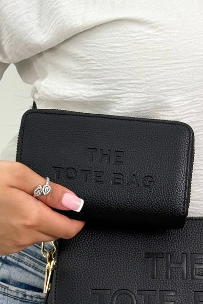 Faux Leather Triple Compartment Everyday Crossbody Tote Bag &amp; Faux Leather Everyday Wallet Tote Purse Black Bundle