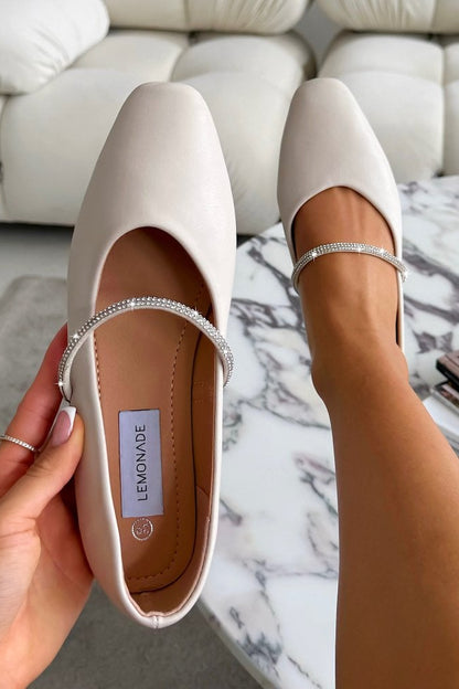 Crystal Belle Dolly Shoes Nude finished with slim rubber sole for comfort and grip