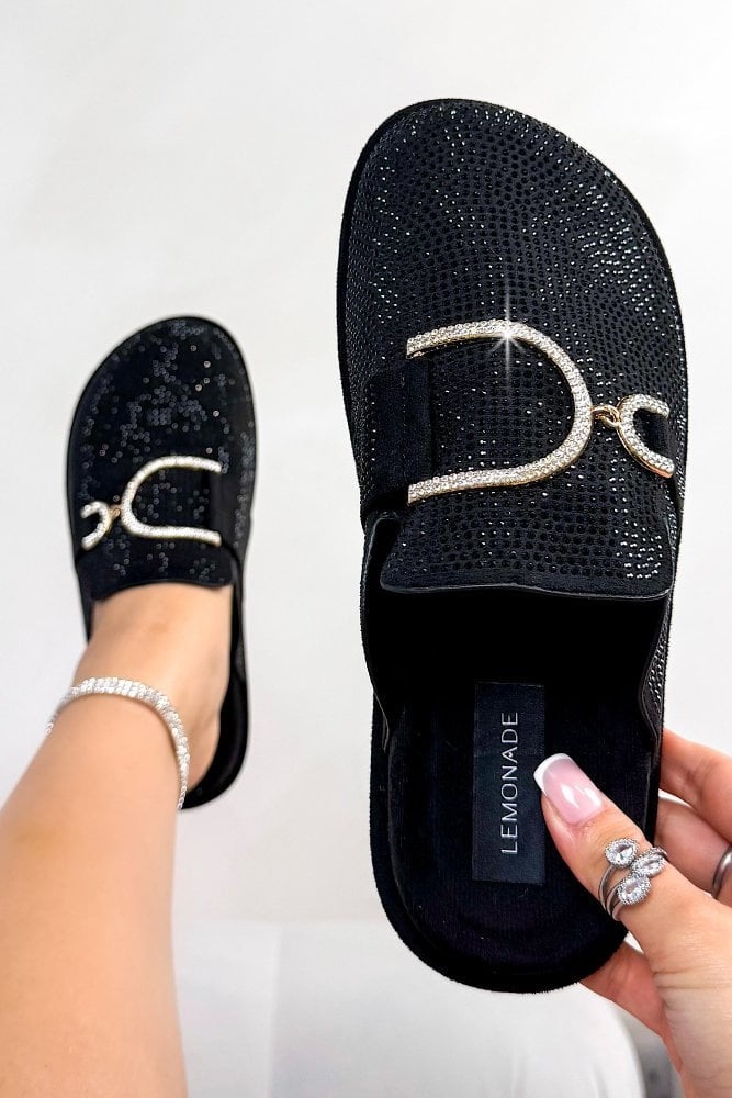 Crystal Imperial Suede Slip On Clog Mules Black