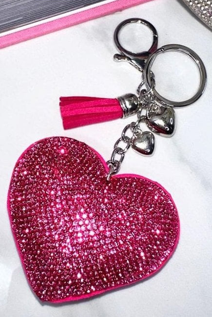 Crystal Padded Heart Keyring Hot Pink with crystal Embellished
