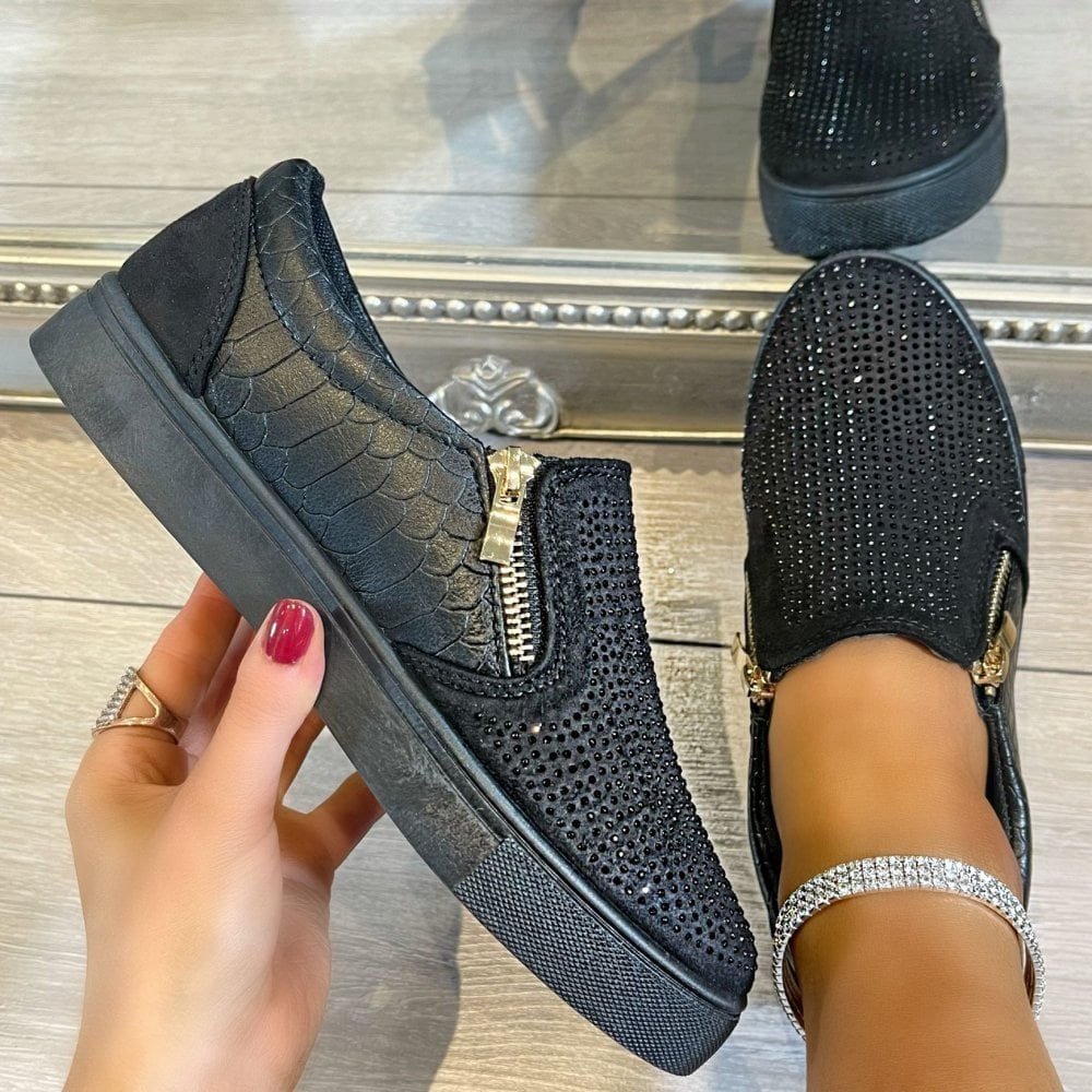 Crystal Suede Zip Pumps Black Trainers