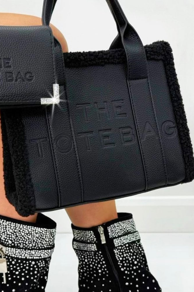Winter Crush Medium Sherpa Handbag Black Noir, showing dual structured handles