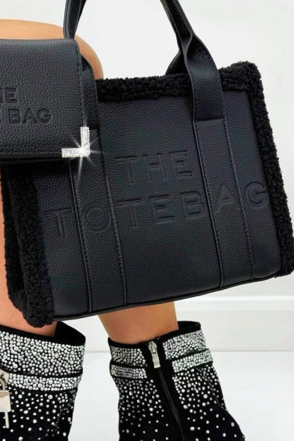 Winter Crush Medium Sherpa Handbag Black Noir, showing dual structured handles