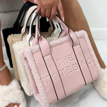 Winter Crush Medium Sherpa Handbag Pink, drawing attention to dual structured handles