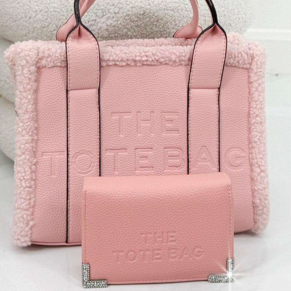 Winter Crush Medium Sherpa Handbag Pink, featuring dimensions - approx 20cm tall, 27cm wide, 9.5cm deep