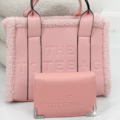 Winter Crush Medium Sherpa Handbag Pink, featuring dimensions - approx 20cm tall, 27cm wide, 9.5cm deep