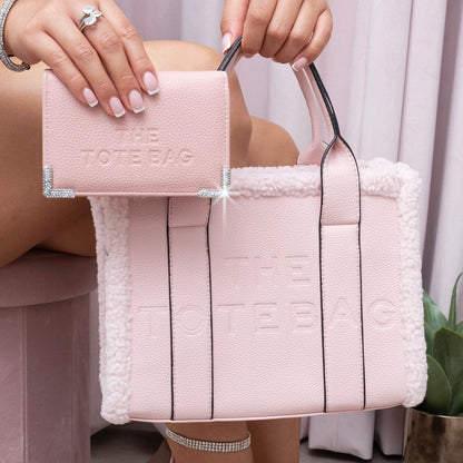 Winter Crush Medium Sherpa Handbag Pink, featuring faux pebbled leather with faux sherpa trim