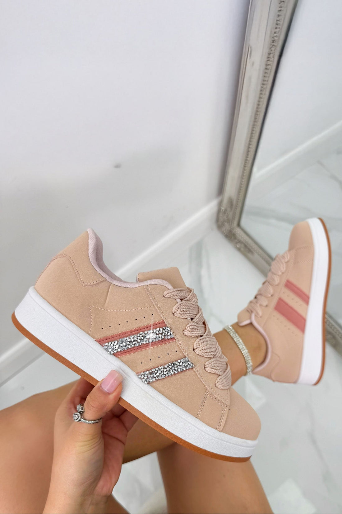 Crystal Stripe Trainers Limited Edition Pink, highlighting chunky laces for a bold, statement look