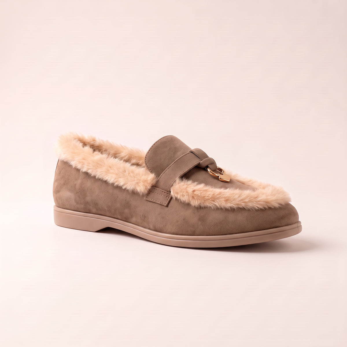 Mollie Faux Suede Fur Lined Flat Penny Detail Moccasin Loafers Mocha