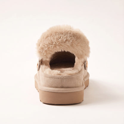 Sasha Faux Suede Fur Lined Mule Slippers Beige