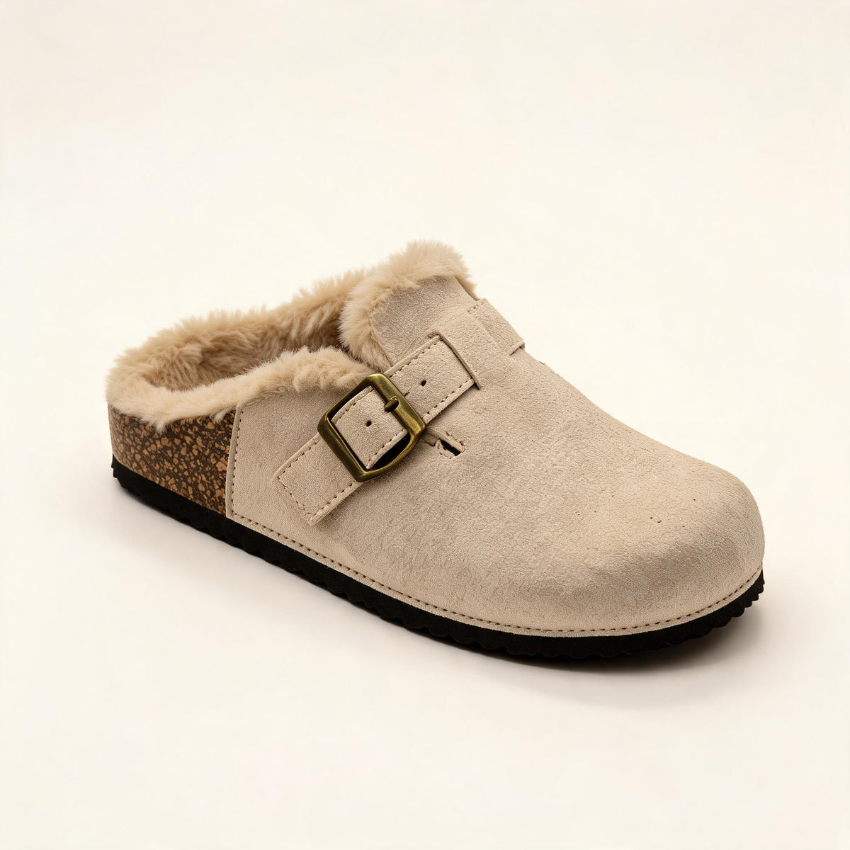 Sadie Faux Suede Fur Lined Buckle Clog Sliders Nude