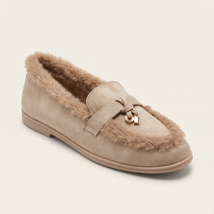 Mollie Faux Suede Fur Lined Flat Penny Detail Moccasin Loafers Nude