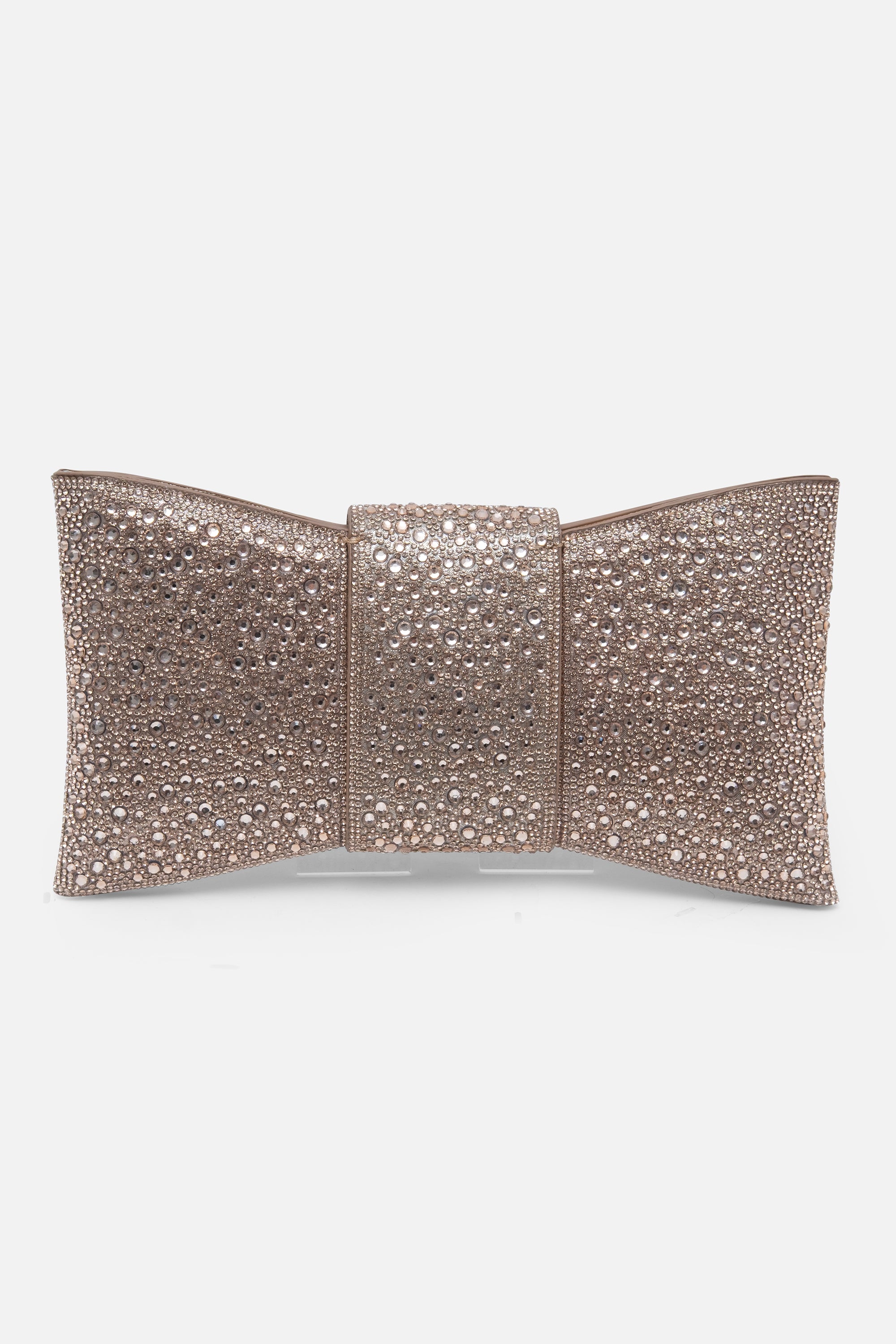 Crystal Luxe Bow Clutch Bag Rose Gold, featuring removable chain strap