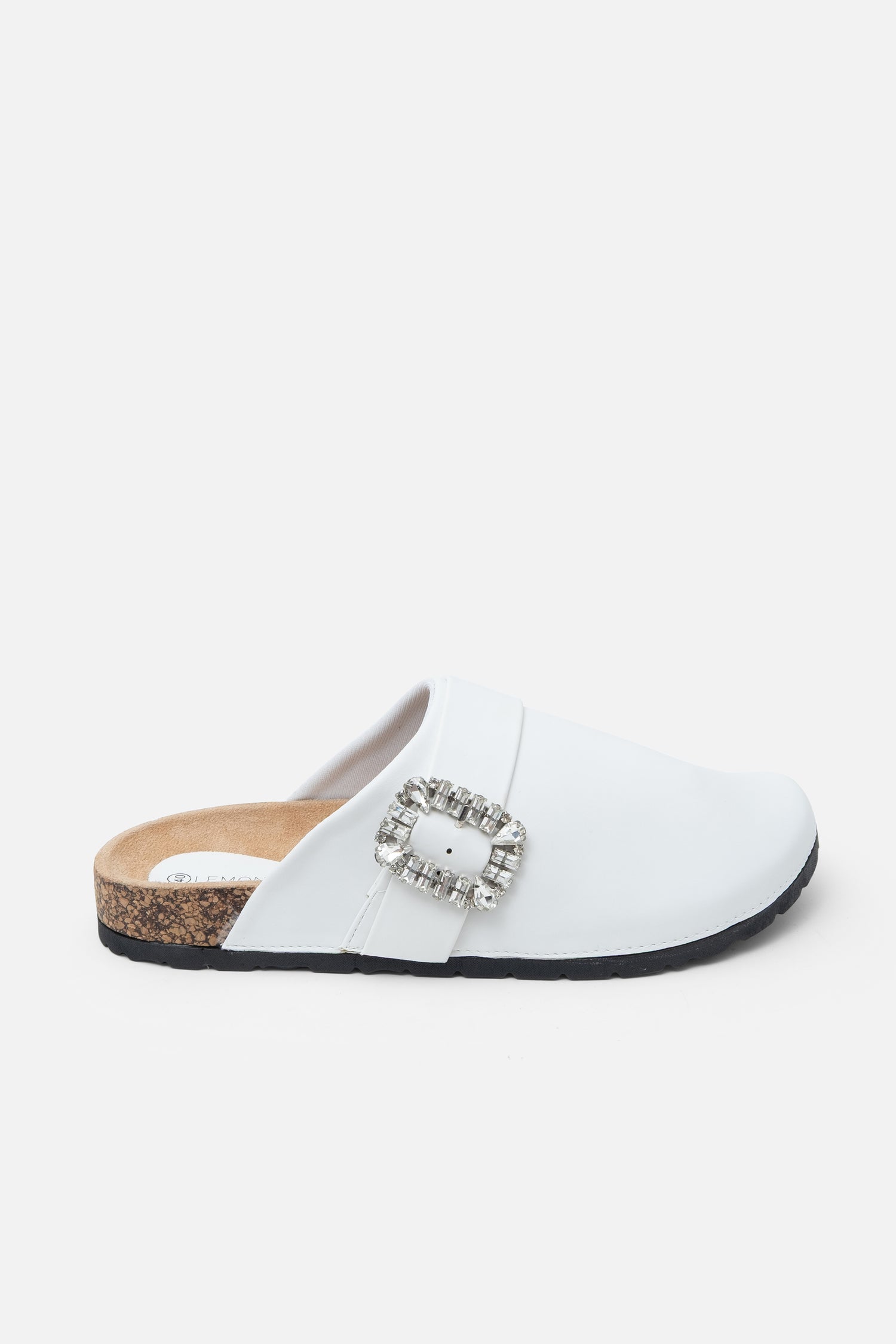 Crystal Buckle Clogs White, drawing attention to slip-On Design
